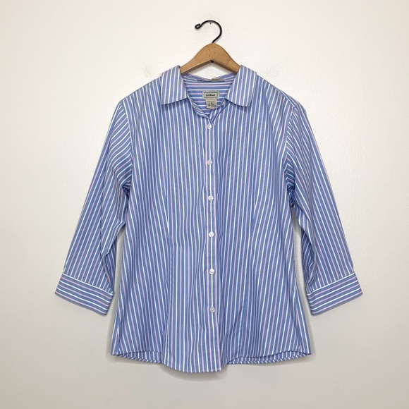 L.L. Bean Blue Stripe Wrinkle Resistant Cotton Button Down Blouse Medium M - Picture 2 of 8